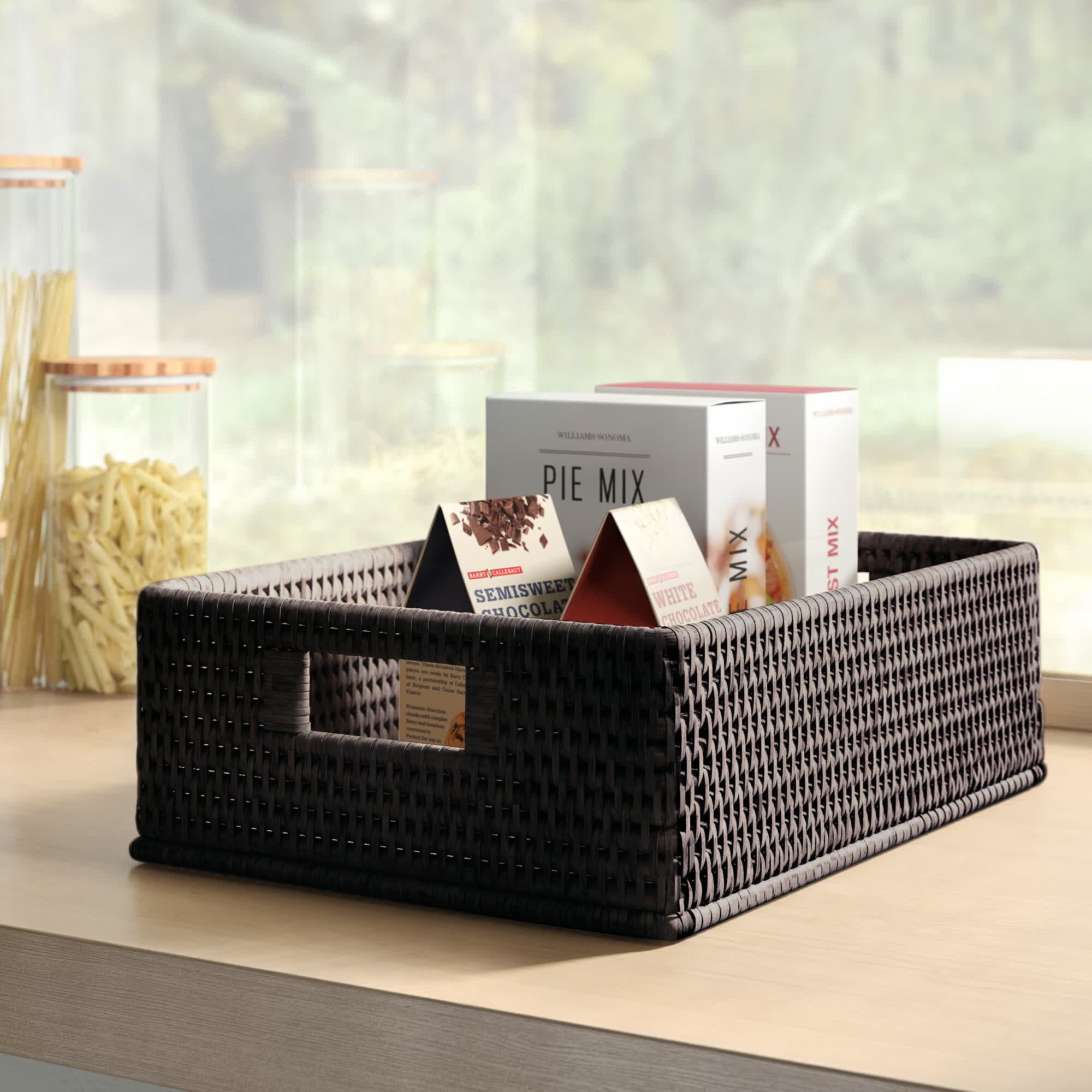 Dotted Line Rattan Rectangular Basket With Rounded Corners And Cutout